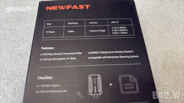 NewFast Wi-Fi 6 USB Adapter (USB v.3.0,2.4/5.8/6.0Ghz), снимка 2 - Мрежови адаптери - 51698670