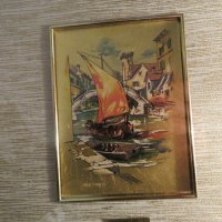 Голяма стара златна картина - две стари  лодки с рисувано златно фолио с маркировка ( 23 карата ) , снимка 2 - Картини - 40855142