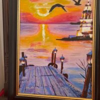 Маслена картина ,,Изгрев над кея”, снимка 1 - Картини - 40813843