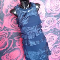 Тъмно синя феерична етажирана лъскава рокля с декорация мъниста М, снимка 5 - Рокли - 39324308