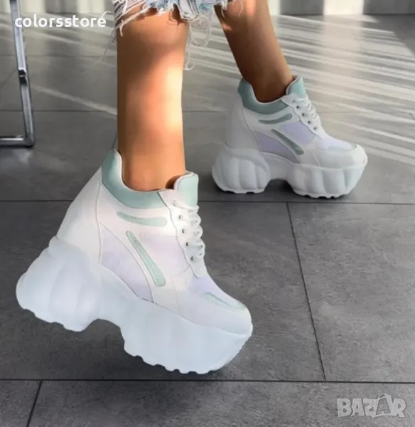 Кецове на платформа - бяло със светлозелено - PA90, снимка 1