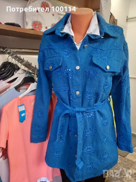 Дамско дълго дънково яке с рязана бродерия 100% памук, снимка 1