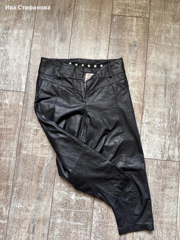 Черен с етикета модерен  кожен висока талия естествена кожа панталон тип потур потури , снимка 1
