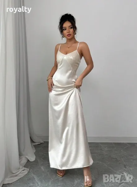 Елегантна сатенена рокля в цвят шампанско от тъкан плат 🥥, снимка 1