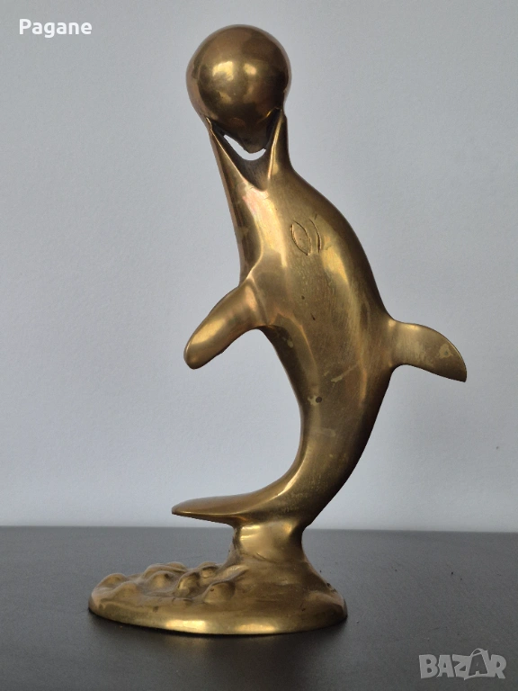 Ретро месингова статуетка „Делфин с топка“ – 18,5 см., снимка 1