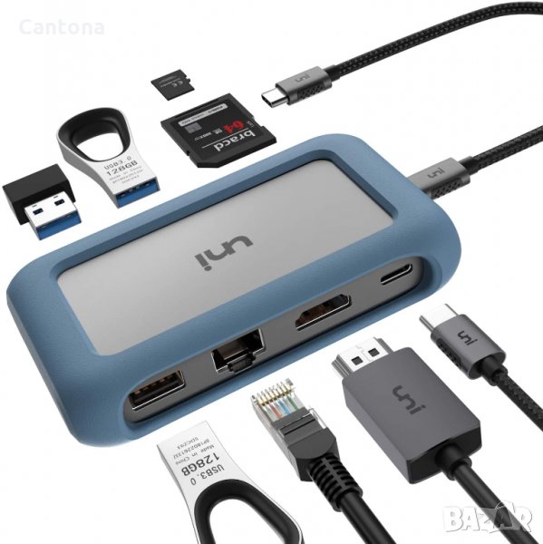uNI USB-C 8-в-1 хъб  4K HDMI,2xUSB 3.0, USB 2.0 1000 Mbps, SD/TF четец на карти, PD 100 W, снимка 1