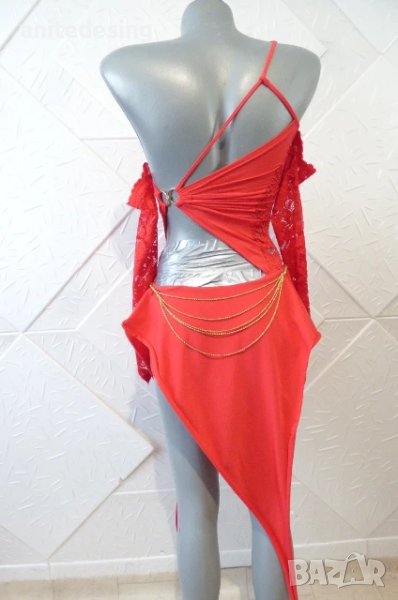 Червена детска рокля за спортни танци с дантела, снимка 1