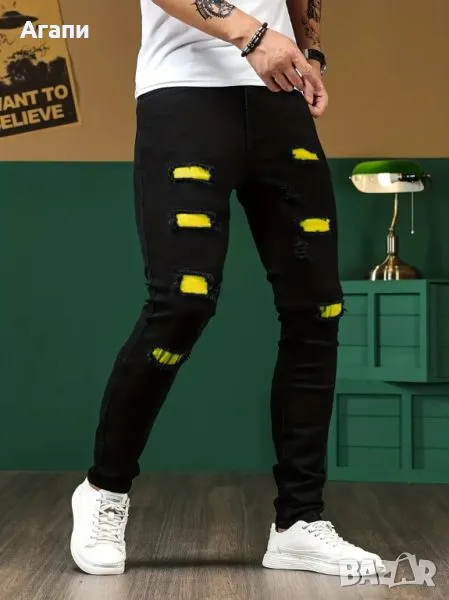 Мъжки накъсани дънки черно и жълто № 32 или М нови, снимка 1