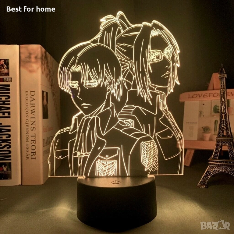 Атака на титаните Hange и Levi 7-цветна USB нощна лампа аниме колекционерска 3D лампа, снимка 1