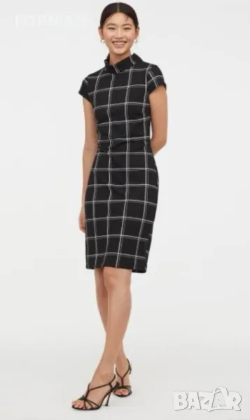 ЕЛЕГАНТНА черна рокля на бяло каре висока яка, снимка 1