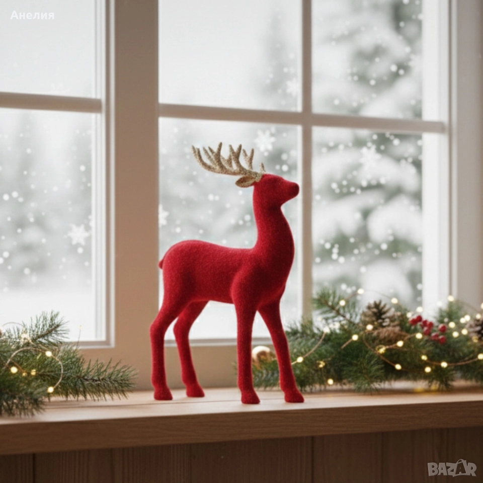 Червен кадифен елен за Коледна украса – Луксозен празничен акцент, снимка 1