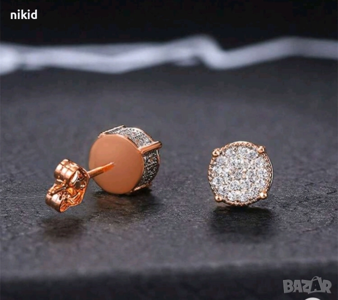 Розово злато имитация кръгли обеци с камъчета, снимка 1