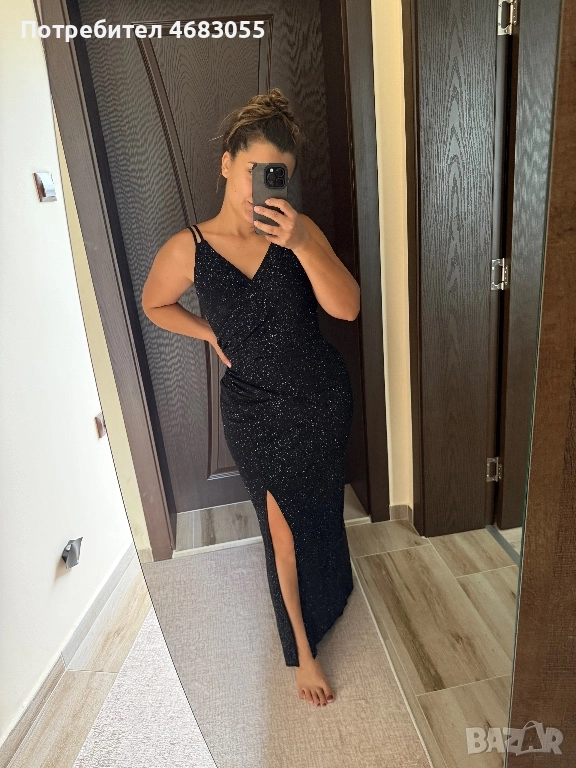Елегантна черна рокля с блестящ ефект, снимка 1