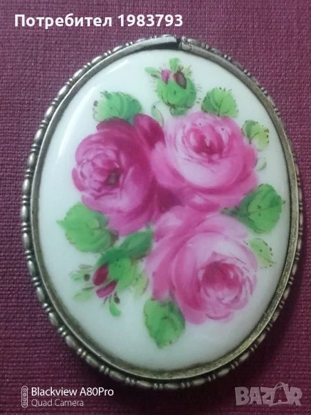 Антична сребърна порцеланова брошка-букет от рози., снимка 1