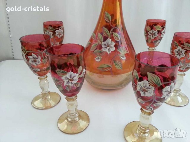 Кристални чаши и гарафа Бохемия рисувани цветно стъкло, снимка 8 - Антикварни и старинни предмети - 31273543