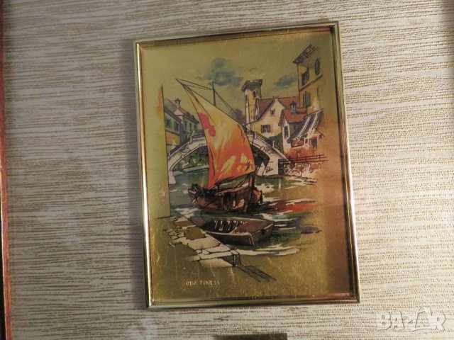 Голяма стара златна картина - две стари  лодки с рисувано златно фолио с маркировка морски, снимка 2 - Картини - 40855142