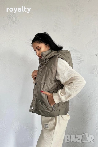 Дамски елек с качулка цвят каки, снимка 3 - Елеци - 51995449