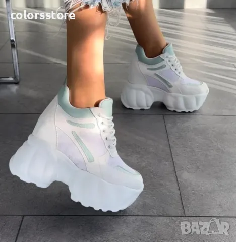 Кецове на платформа - бяло със светлозелено - PA90