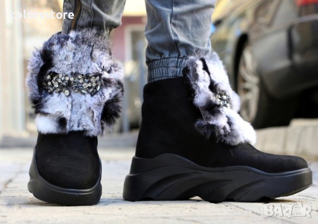 Боти на платформа - черни с ЕСТЕСТВЕН сив пух - Z55