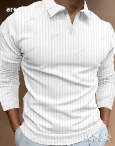 Ежедневна мъжка поло тениска с дълъг ръкав, разтеглива вертикална лента и V-образно деколте, 3цвята , снимка 3 - Тениски - 50220461