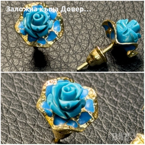 Златни обеци рози син тюркоаз  14 карата 585 zlatni obeci zlaten gold, снимка 10 - Обеци - 54240191