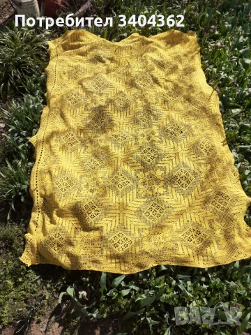 Стара голяма жълта покривка плетена на една кука, снимка 2 - Антикварни и старинни предмети - 50910220