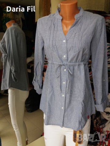 НАМАЛЕНИЕ! СТРАХОТНА памучна риза в ситно синьо-бяло райе с коланче под бюста, снимка 2 - Ризи - 29980872