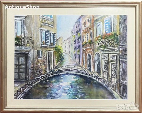 Картина, акварел, пейзаж, мост, подписана