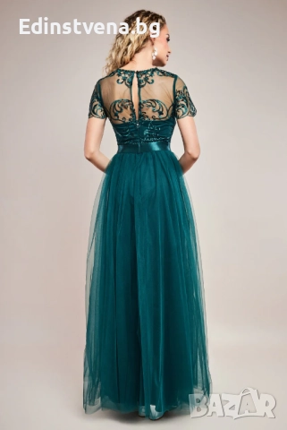 Дамска дълга рокля в изумрудено зелено от тюл с бродирана горна част и сатенен колан, снимка 2 - Рокли - 52392105