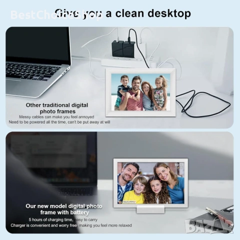 FRAMEO 10.1-инчова WiFi цифрова фоторамка с батерия 5000mAh, 1280x800 HD LCD сензорен екран, 32GB, снимка 8 - Чанти, стативи, аксесоари - 54159404