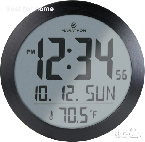 Стенен часовник Marathon Miami, дигитален кръгъл, безшумен, вграден термометър