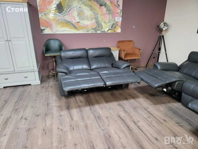 Тъмно сиви кожени дивани тройка и двойка с ел. релакс механизъм, снимка 6 - Дивани и мека мебел - 51954890