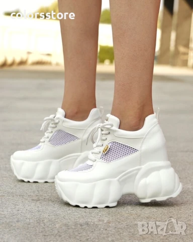 Кецове на платформа - бяла кожа и мрежа - PA700

, снимка 2 - Кецове - 50967853