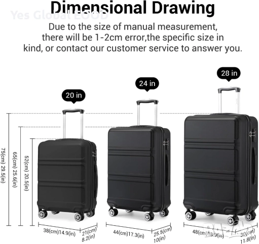 KONO твърд куфар на колелца 36 л с TSA ключалка черен, снимка 4 - Куфари - 52332907