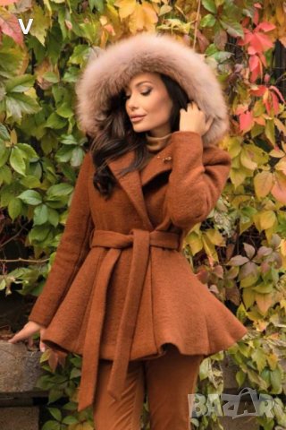 Ново кафяво вълнено палто Christine Fashion с естествен косъм пух от лисица яке тренчкот сако 