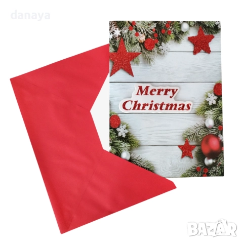 6135 Музикална коледна картичка Merry Christmas с червен плик, 20×14.5 см, със светлина и мелодия, снимка 2 - Декорация за дома - 52000320