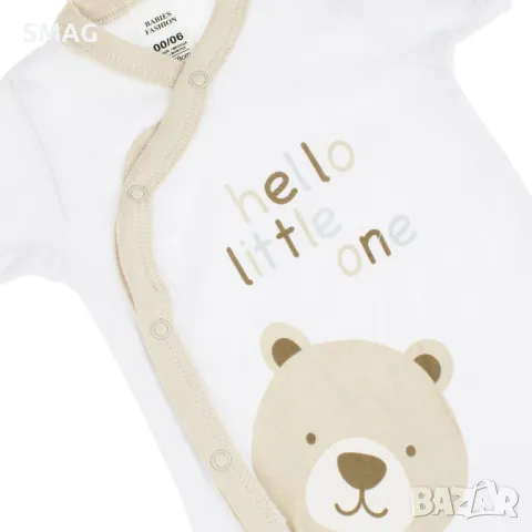 Бебешко боди Памучно с къс ръкав бяло бежово плюшено мече Hello Little One S_1233502, снимка 2 - Бодита за бебе - 49897452