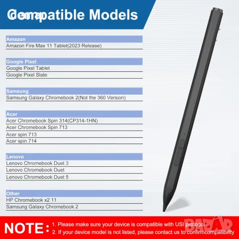 USI 2.0 Stylus Pen за таблет Amazon Fire Max 11, USI Chromebook Pen, с 4096 чувствителност, снимка 6 - Друга електроника - 49097203
