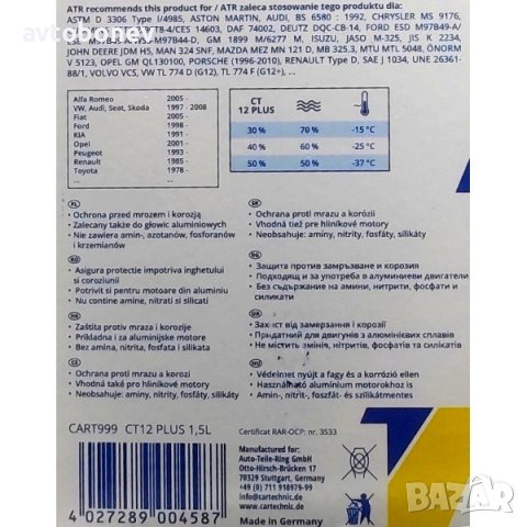 Антифриз концентрат CARTECHNIC CT12 Plus(G12+) 20L, снимка 3 - Части - 38171611