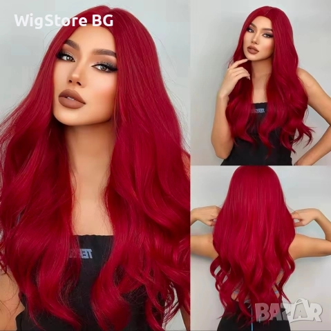 Наситено червена дълга перука на вълни без бретон