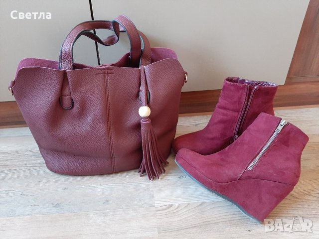 Дамска чанта + боти цвят бордо, снимка 8 - Дамски боти - 29417311