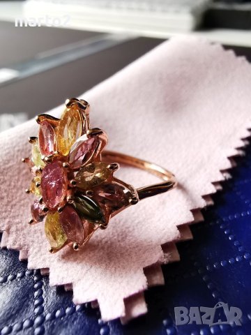 Елегантен Сребърен 925 Пръстен с позлата и натурални Турмалини!, снимка 6 - Пръстени - 40435935