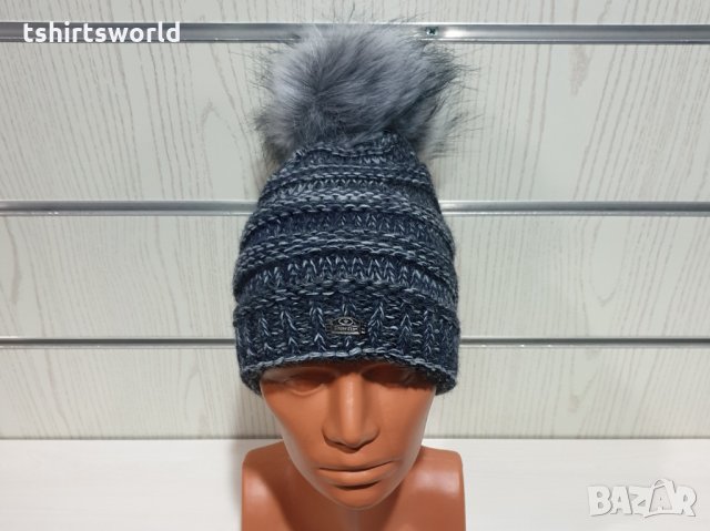 Нова дамска плетена шапка тъмносин меланж с помпон/пух, снимка 3 - Шапки - 30963365