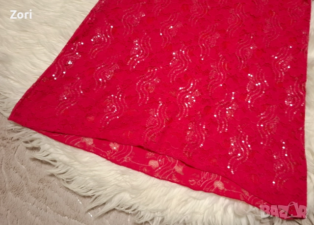 Дантелена рокля с прозрачни пайети в наситен розово-червен цвят, снимка 3 - Рокли - 52598753