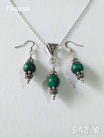 Прекрасен комплект бижута обици и колие с красиви камъни Малахит и орнаменти в цвят старо сребро , снимка 6 - Бижутерийни комплекти - 37310426