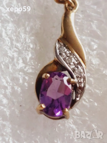 Златни дамски обеци с диаманти и аметисти,злато 375 , снимка 5 - Обеци - 52681677