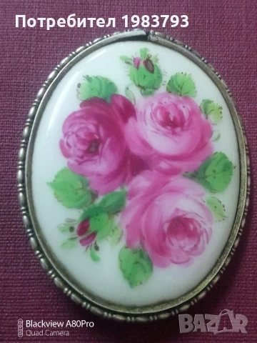 Антична сребърна порцеланова брошка-букет от рози.