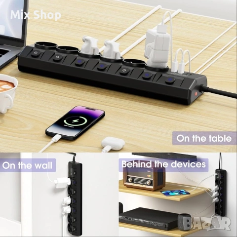 Индивидуално превключващ се разклонител с 6 контакта и 3 USB-A и 1 USB-C, снимка 5 - Друга електроника - 53916281