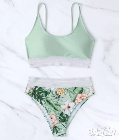 Светло зелен бански костюм , с долнище на цветя , с висока талия