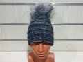 Нова дамска плетена шапка тъмносин меланж с помпон/пух, снимка 3